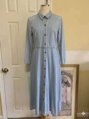 Vintage Denim Midi Dress Size 14 Light Wash Button Front By Coldwater Creek.